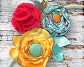 Aqua, Yellow, Pink Headband, Turquoise Hair Accessory, Baby Girl's Hair Photo Prop, Fabric Flower Headband, Women's Brooch