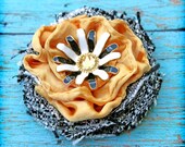 Hair Accessories, Gold, Black, White, Mustard Hair Accessory, Flower Hair Bow, Baby Girl Headband, Fabric Flower Brooch, Flower Hair Piece