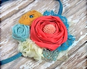 Turquoise, Aqua, Coral, Mustard, Fabric Flowers Headband, Hair Accessories, Flower Brooch, Baby Girl Hair Bow