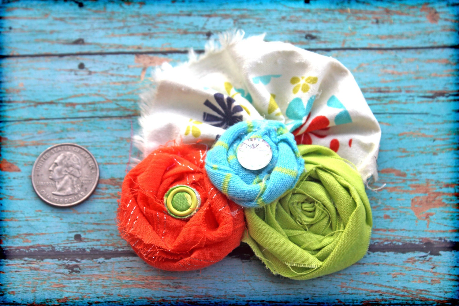 Spring Headband, Orange, Lime, Aqua Hair Bow, Turquoise Hair Accessory, Baby Hair Bows, Fabric Flower Hair Clip, Floral Brooch