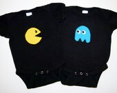 Twins Pacman Ghost Applique Onesie Baby Gift Set - Great for Multiples New Mom and Dad Gift