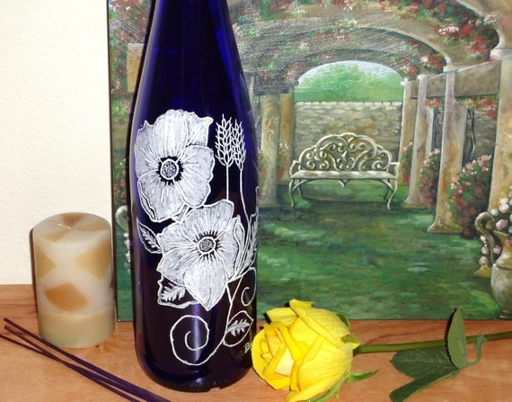 Glass bottle Incense burner - Hand Etched- Free Shipping- Blue Skies and Poppies