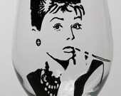 Audrey Hepburn Wine Goblet, painted wine glass, Tiffany