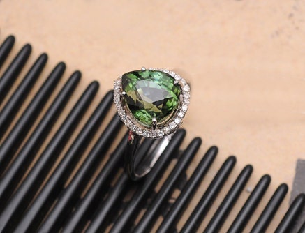 2 Carat Green Tourmaline Engagement Ring, Diamonds, 14K White Gold