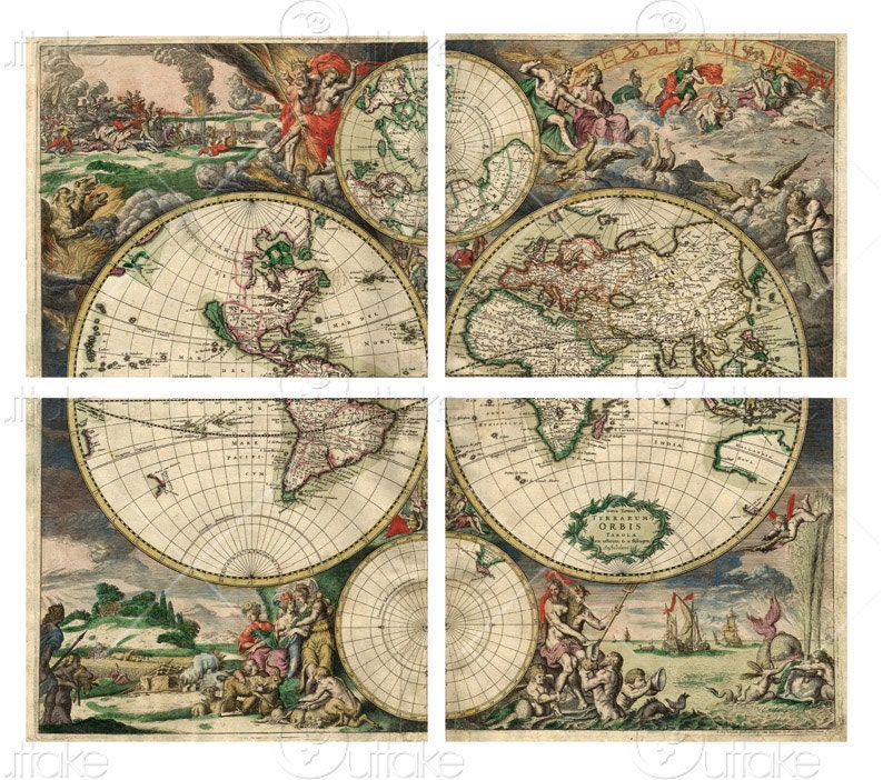 LARGE Vintage  Map of world on 4 panel Canvas 39" x 47" ready to hang