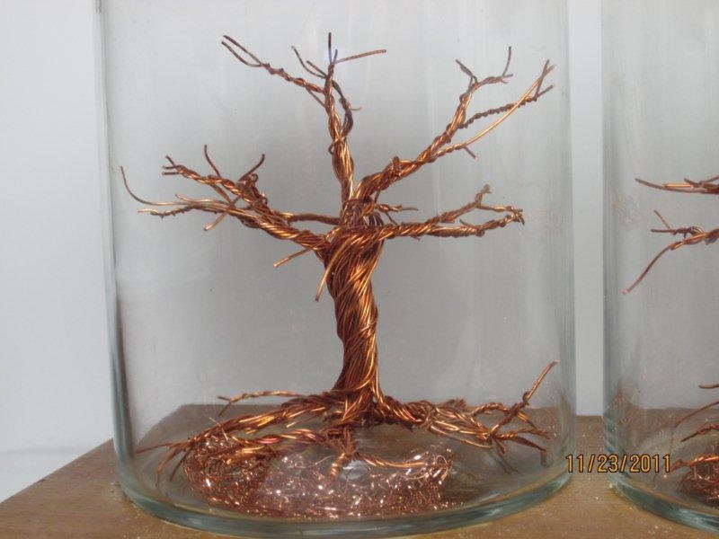 Wire Sculpture, In Glass, Copper Tree, "Copper Tree Progression"