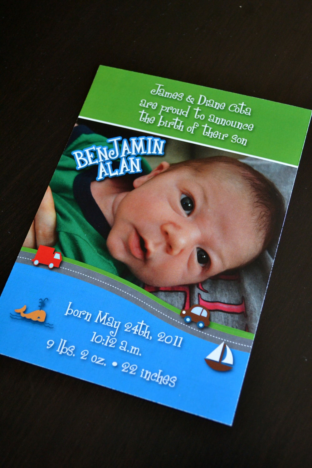 Birth Announcement with Car, Truck, Boat & Whale