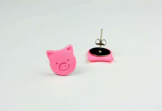 Pink Pig Stud Earrings - 12x12mm - Kawaii Piggy Piglet Cute