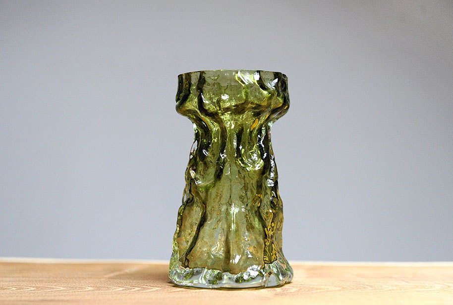 A funky textured olive glass vase by Ingrid Glass (1970's)