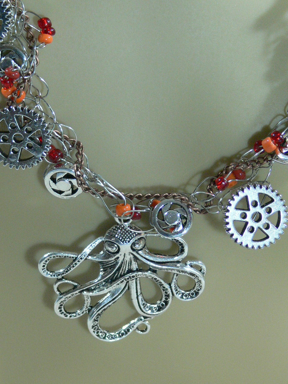 Sale - Steam Punk Crocheted Wire, Chain & Glass Bead Necklace - FS-056