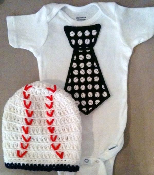 Baseball tie onesie set for baby boys  w/ matching baseball beanie hat