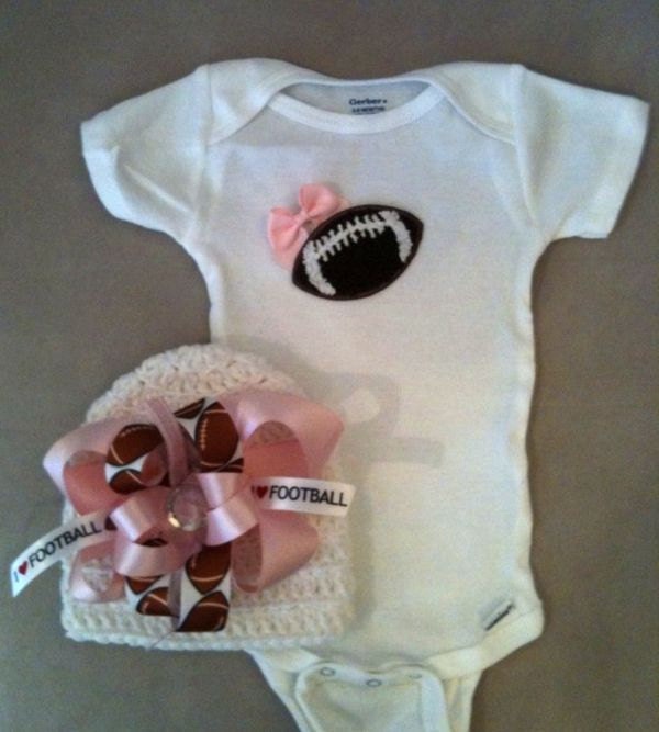 Pink football onesie set for baby girls with matching beanie hat with football boutique bow