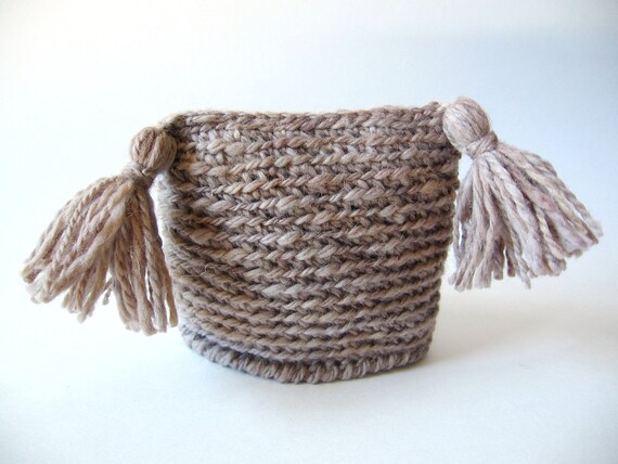 Organic Baby Hat, Crochet Jester Hat with Tassels, Mushroom Grey Wool, Preemie or Newborn, Woodsy Photo Prop, OOAK
