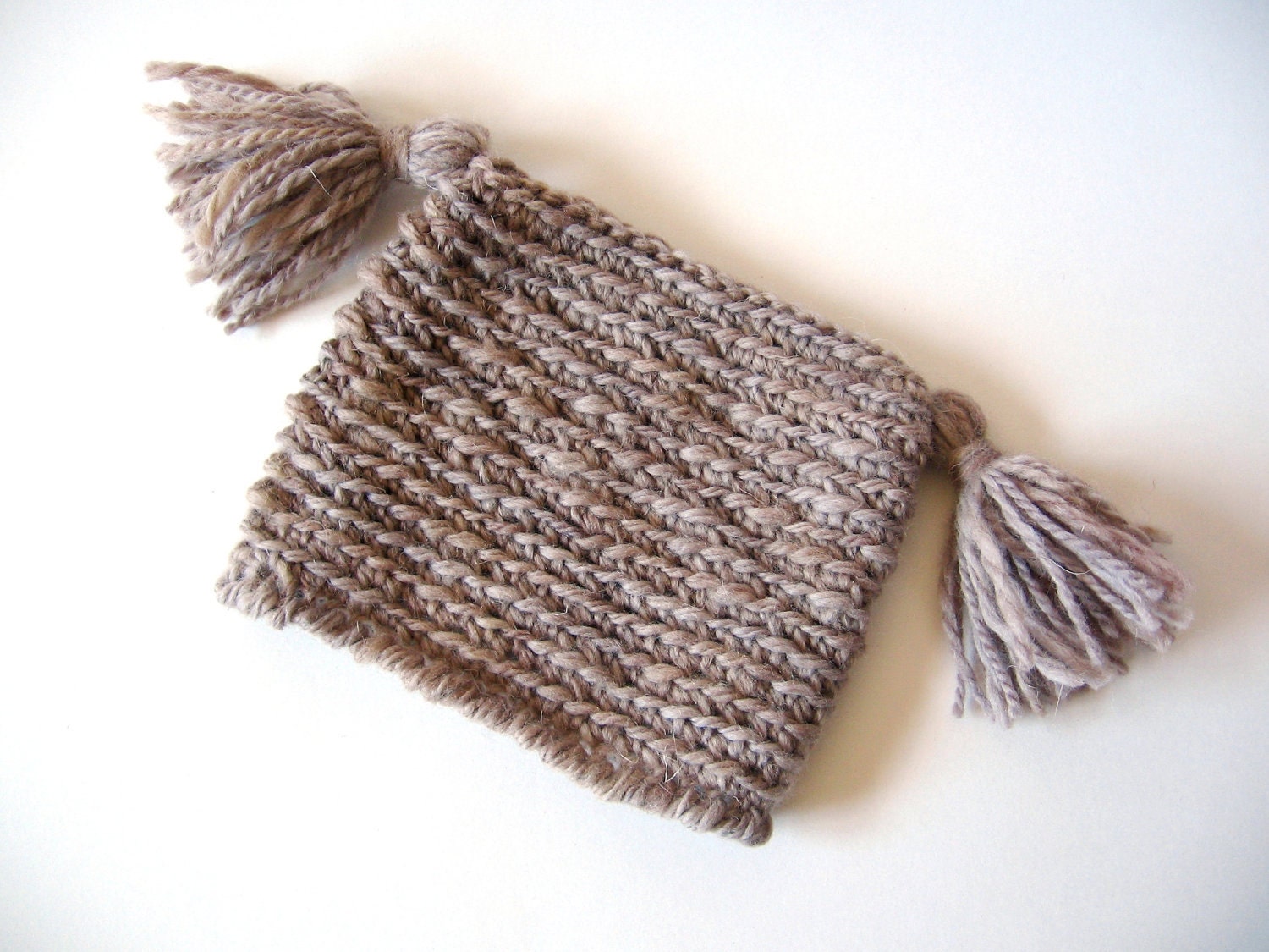 Organic Baby Hat, Crochet Jester Hat with Tassels, Mushroom Grey Wool, Preemie or Newborn, Woodsy Photo Prop, OOAK
