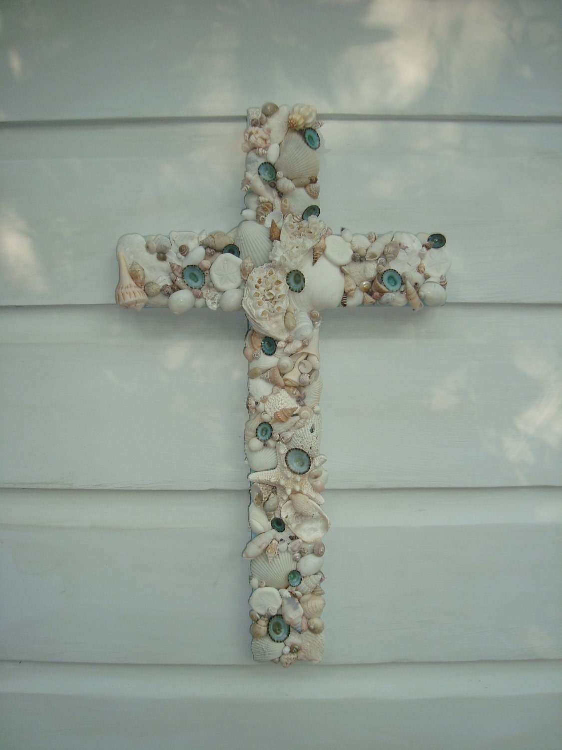 Tiffany Blue Seashell Cross/Reclaimed Wood/OOAK