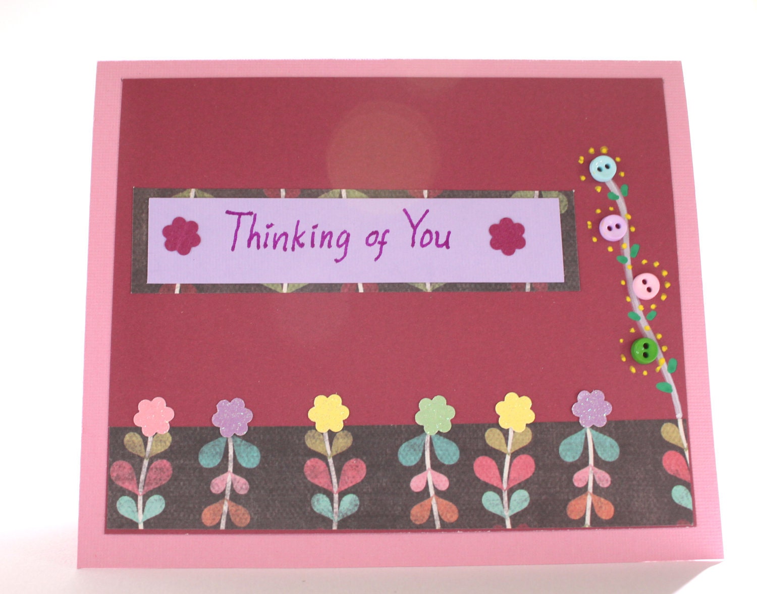 Thinking of You card in pink and maroon, button embellished, handwritten card