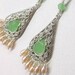 Pale pink pearl earrings with green crystal briolettes