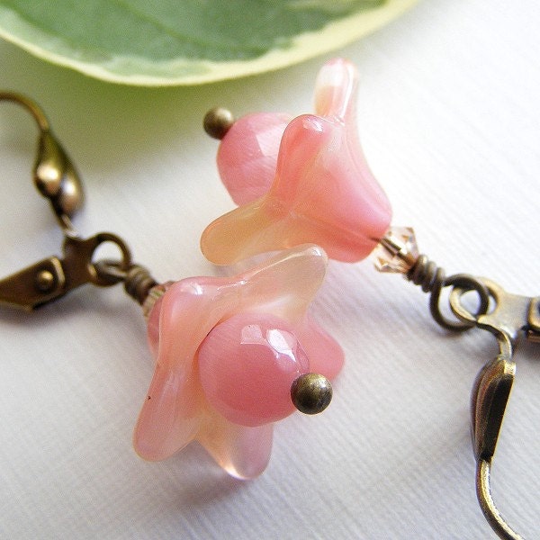 RESERVED FOR VINNIE - Pink and Champagne Czech Glass Trumpet Flowers on Antique Brass Leverbacks. Bell Flower Earrings.