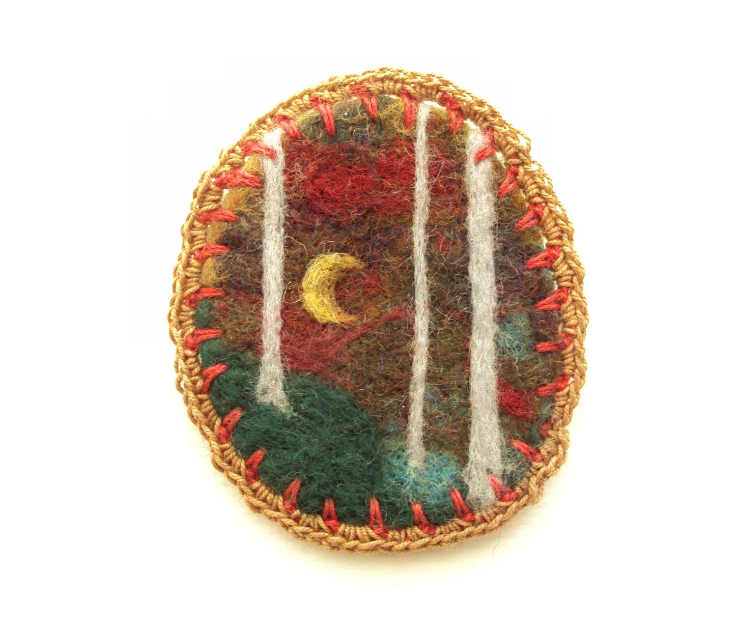 Felt brooch, red and green forest, crescent moon sky, tree pin - Romany glen