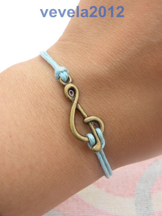 Bracelet ------Pretty retro antique bronze little Music symbols pendant & Wax rope bracelet