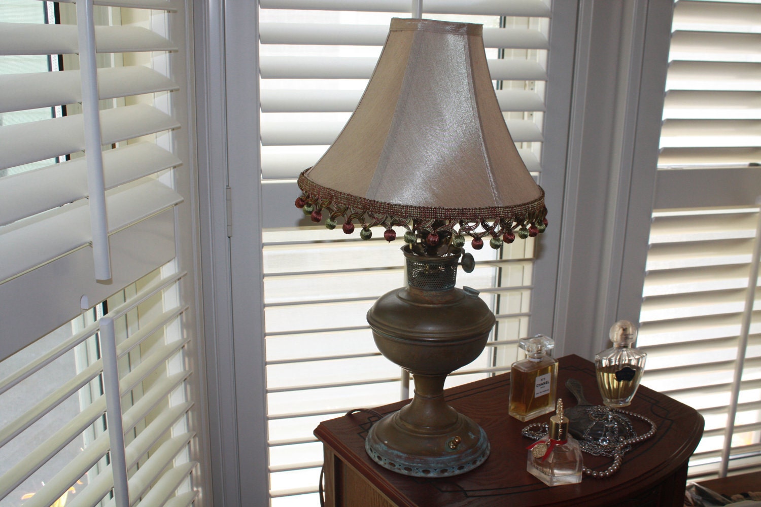 Vintage repurposed oil lamp with silk by VintageIlluminations