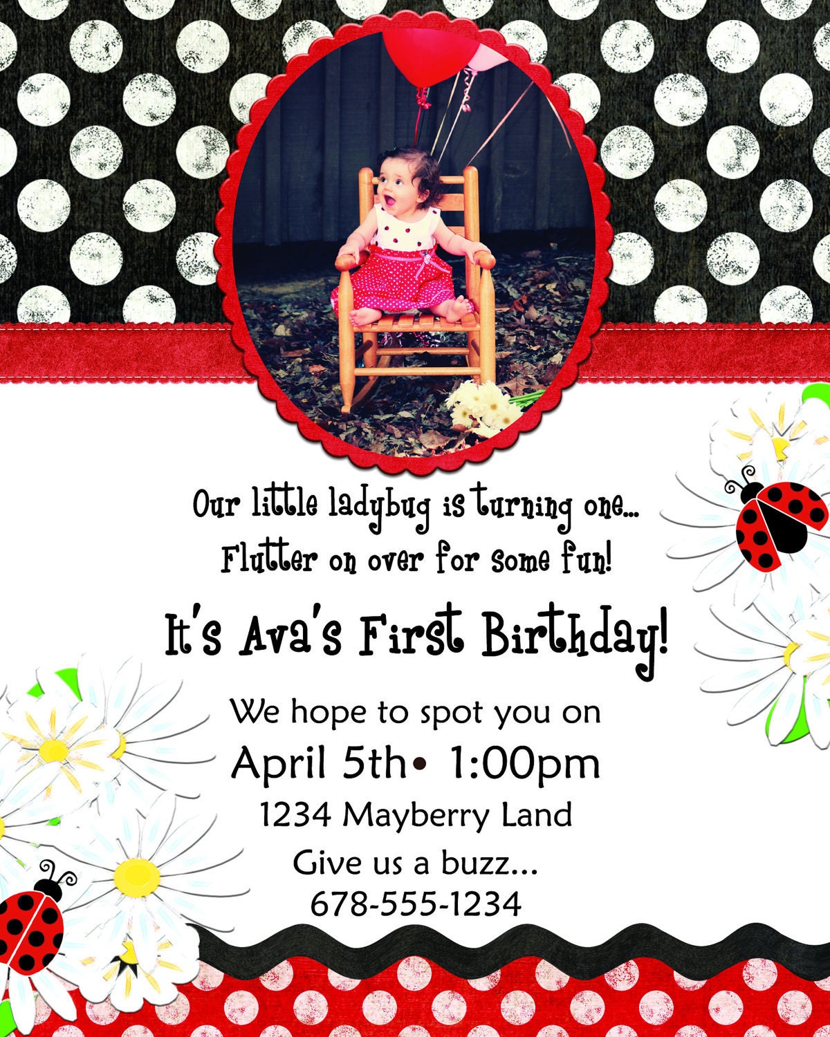 Ladybug, Red and Black Polka Dots, Daisy Birthday Invitation Design -  Customized to your child's party info