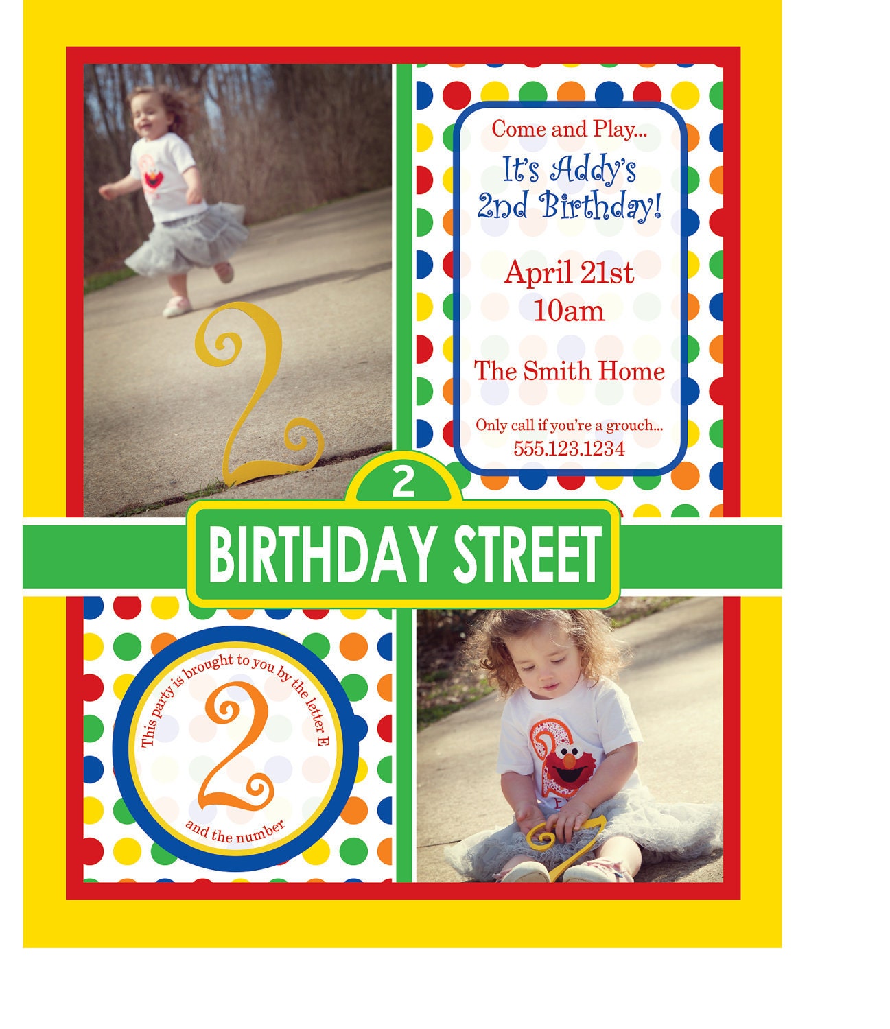 Sesame Street Birthday Invitation Design -  Customized to your child's party info - Elmo, Abby, Polka Dots