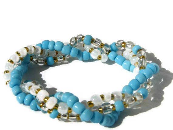 Aqua and White 3 Strand Beaded Stretch Bracelet - Custom Made to Size