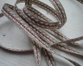 Natural Linen Sewing Tape / Ribbon / Trim / - Embroidery Red  White Spike of Corn  Made in France Craft and Sewing Project Wrapping 1 Yard