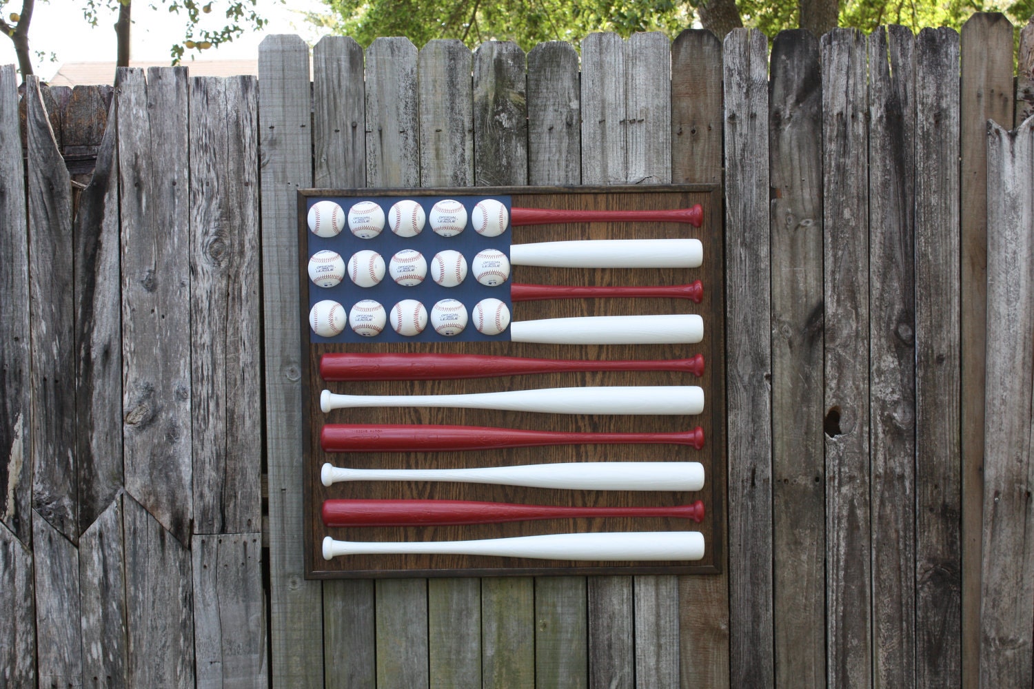 Patriotic Red White and Blue Baseball Bat & Ball American Flag Hanging Wood Wall Decor