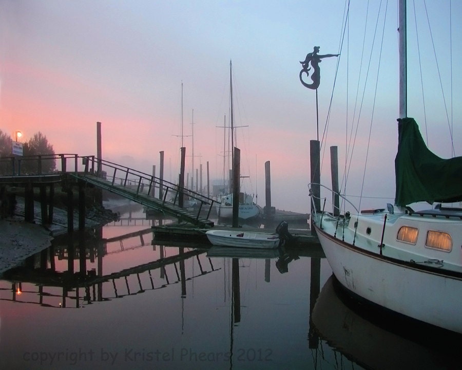 Nautical Sunrise Photo 8x10 Fine Art Photograph - reflection print Misty foggy mermaid weathervane peach pink baby blue follow me