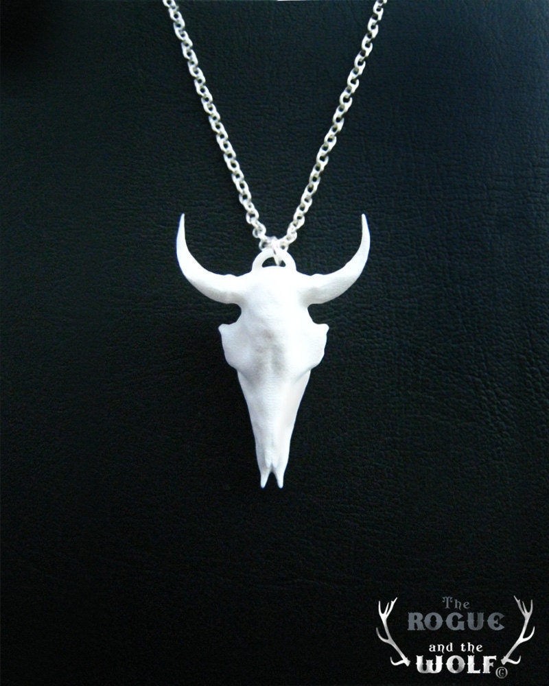 White Bison Skull Necklace, animal pendant, buffalo skull pendant, bone pendant, biffalo horns, bison head, animal jewelry