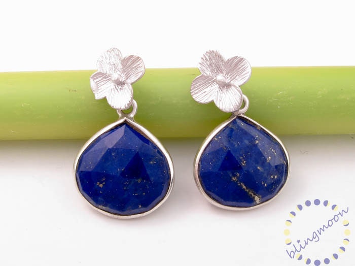 Lapis earrings:  Bezel set sterling silver lapis lazuli blue gemstone earrings