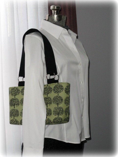 New Purse for Fall Season, Shoulder Bag, Tote Bag, Purse, double strap, sage green with black trees, silver rings, Ready To Ship