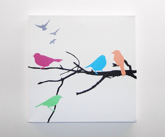 Toile acrylique 30x30cm - Oiseaux sur branche