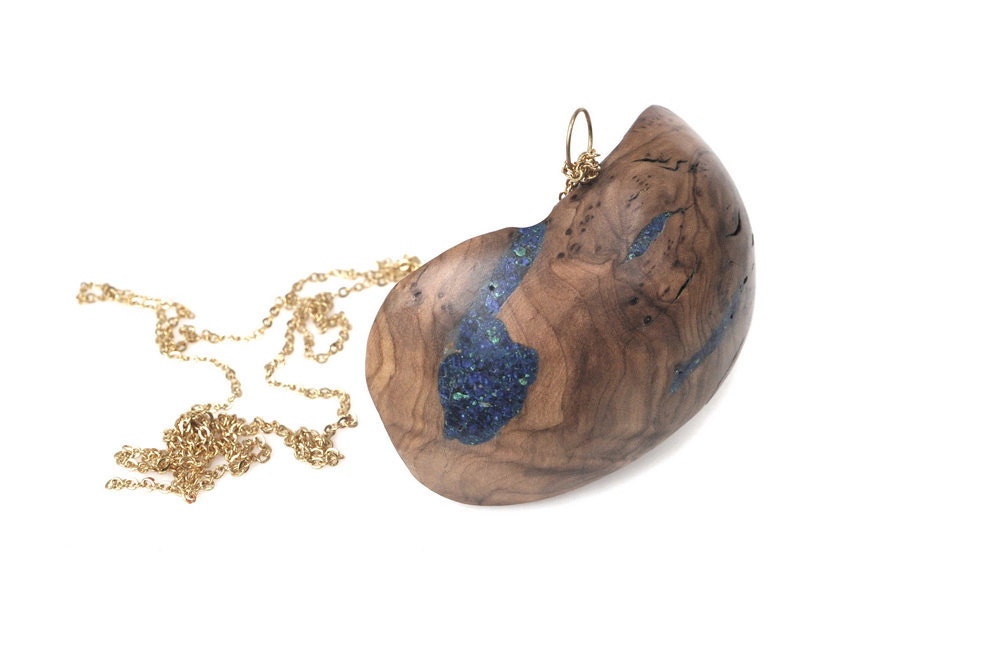 Wood Pendant Azurite Blue