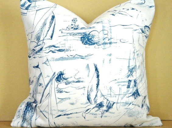 Pillow Covers Sailboats Nautical White Denim Blue Light Blue Lighthouse Seagull Compass Flags Designer Decorative Pair 16x16