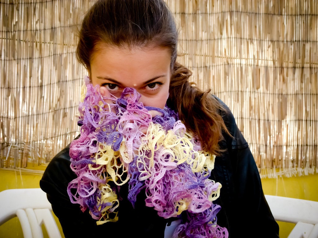 Spring fashion Purple yellow ruffle scarf. Rustic chic accessories. Valentines day Mothers day gift idea
