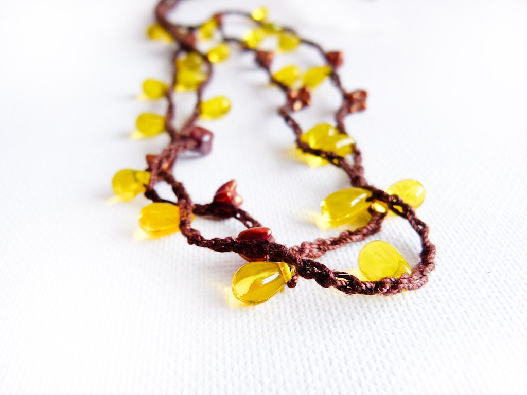 Chocolate  yellow  skinny headband. Hippie crochet rope accessory, beaded crochet strand , neon crown,