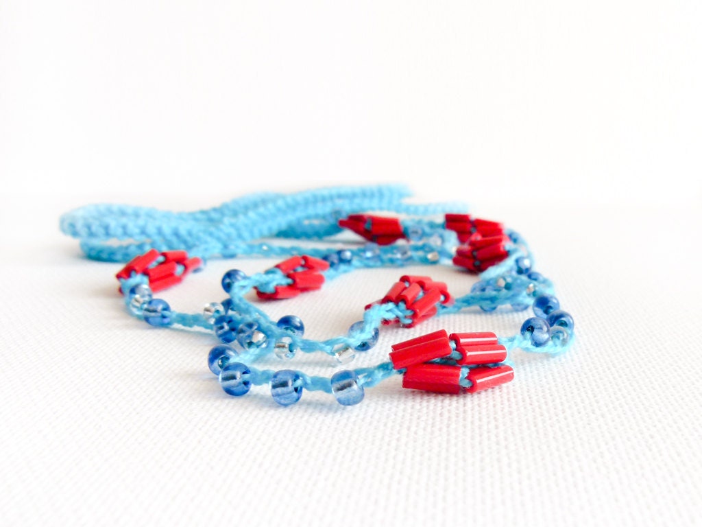 Nautical beaded crochet headpiece with turquoise blue red beads Summer hair accessories for women