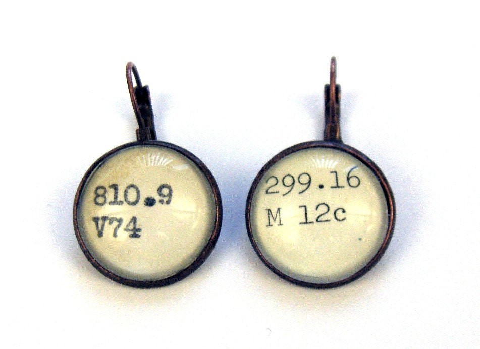 LIBRARIES - Dewey Decimal Vintage Card Catalog Brass or Silver Lever Back Earrings LAST PAIR