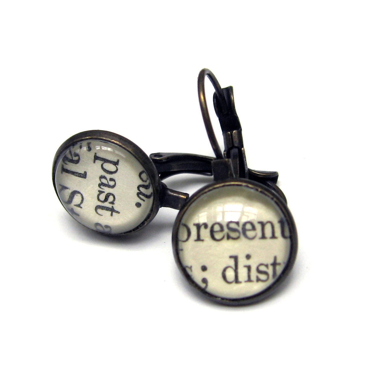 Past and Present Recycled Library Card Word Earrings Patina Brass