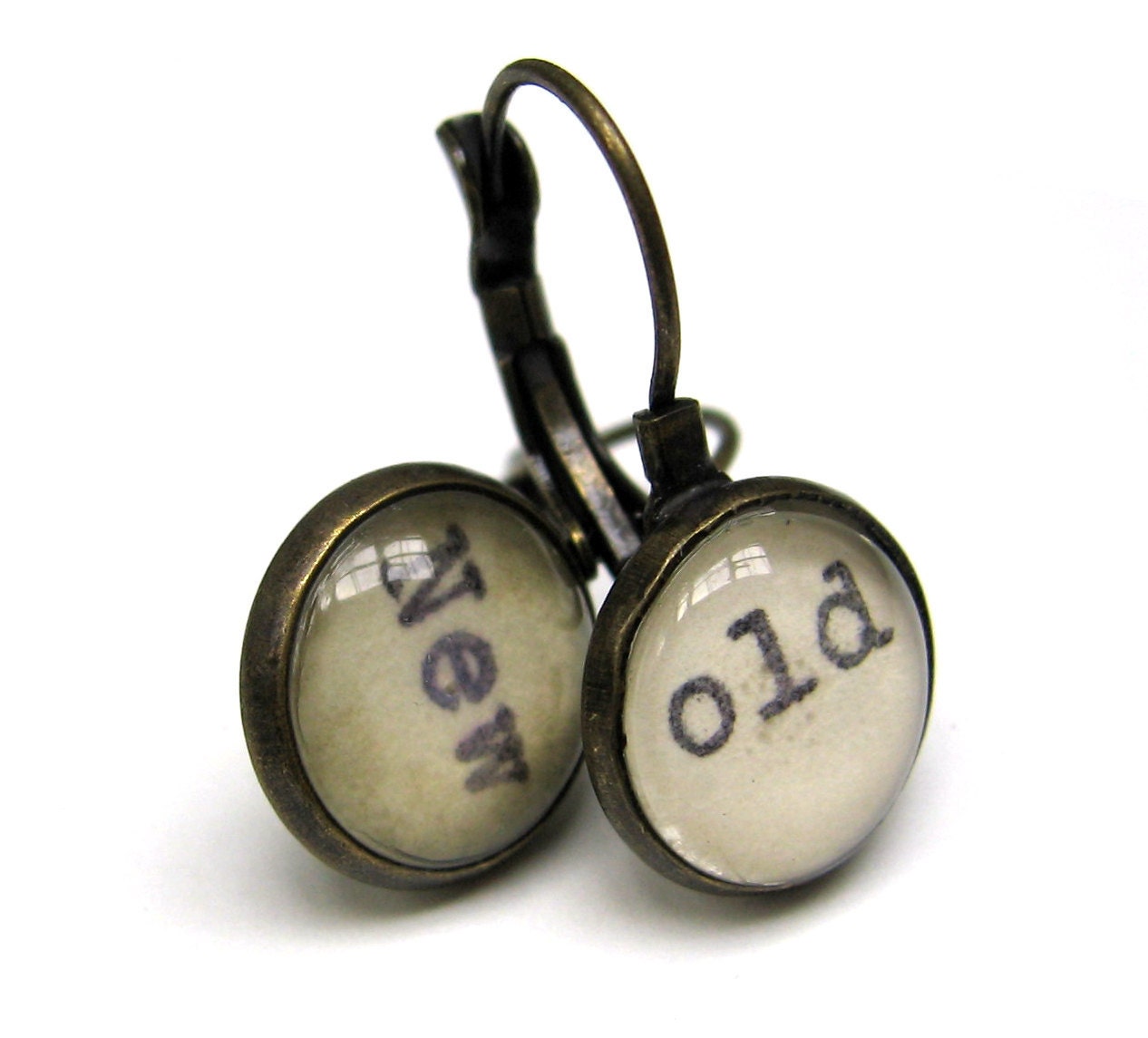 New and Old Salvaged Vintage Library Card Word Earrings Patina Brass