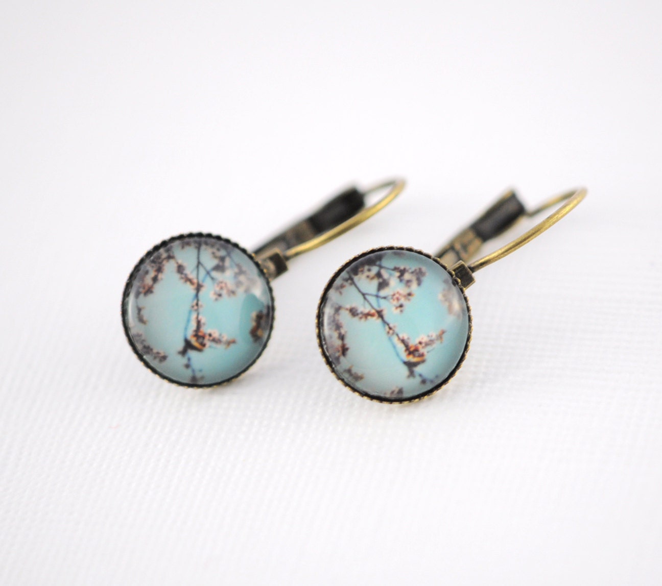 ON SALE 20% OFF Spring Cherry Blossoms Earrings Wearable Photo Art Vintage Inspired - Shabby Chic - Robin blue egg - Aqua Blue Mint Green -