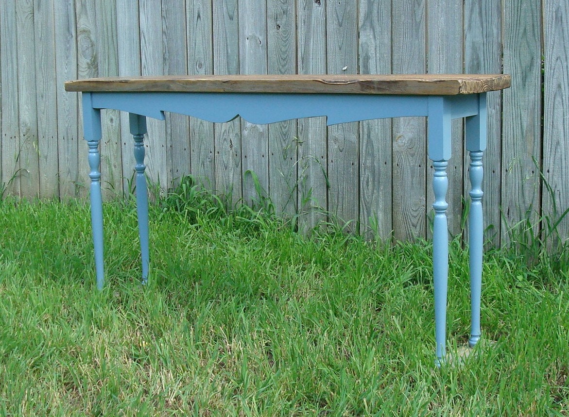 French blue country style hall console table reclaimed wood top and legs scrollwork detail- Made to order