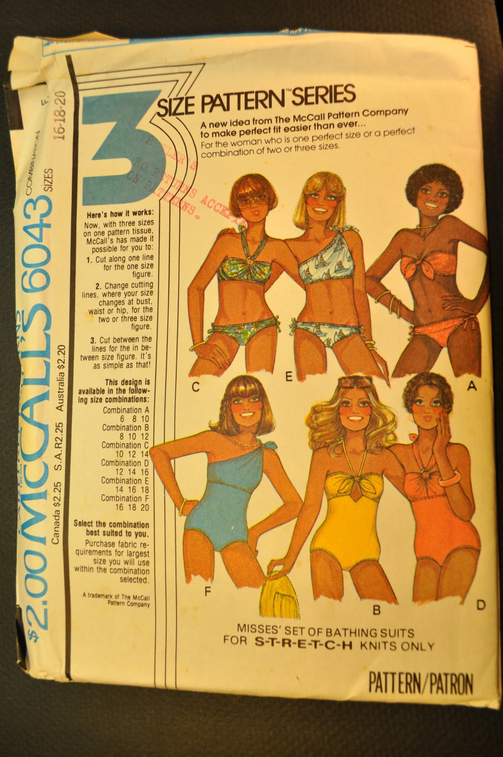 Misses' Set of Bathing Suits and Bikinis Size 16-18-20 Uncut Vintage 1970s Sewing Pattern-McCall's 6043