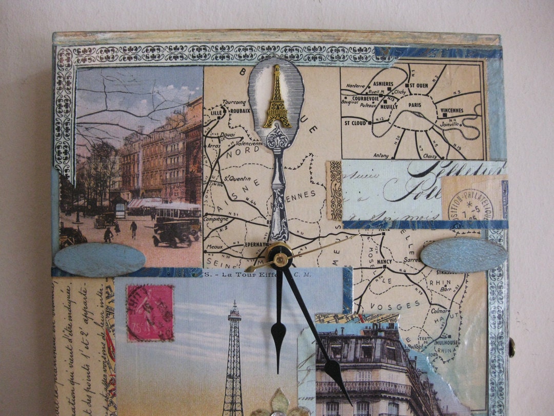 French Ephemera Collage Wall Clock, Blue, Eiffel Tower, 7 3/4 x 11 x 1 3/8", Recycled Cigar Box