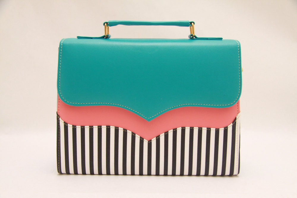 Tiffany blue,salmon pink,neon,colorblock,messenger bag,color block,white stripes,stripes fabric,black and white,summer time,messenger bag