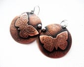Butterfly Earrings Rustic Copper Animal Dangles Recycled Sterling Silver Filigree Statement Stamp Patterned Big Disk Metalsmith Metalwork