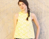 Handmade Yellow Shirt - Mod Top with white pattern S M L